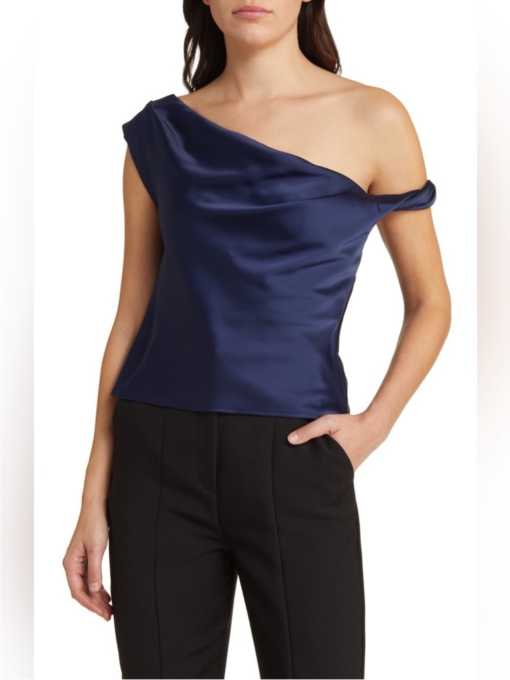 Wayf Keita One-Shoulder Satin Top in Navy Blue